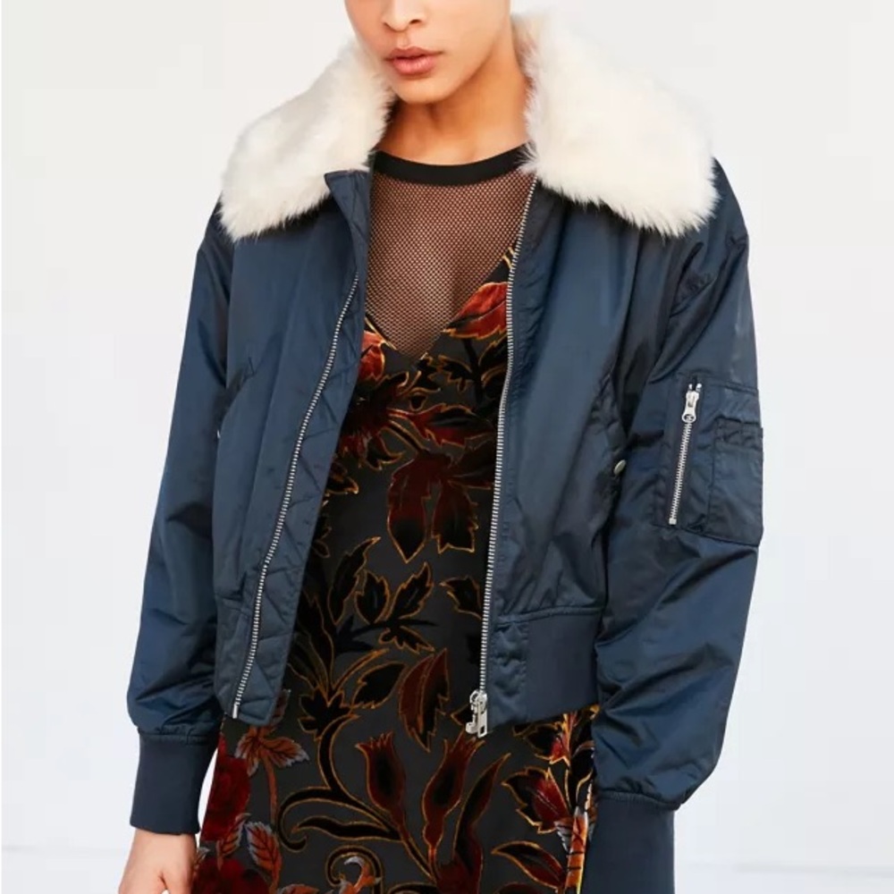 UO Silence + Noise Navy Bomber Pilot Jacket with Removable Faux Fur Collar